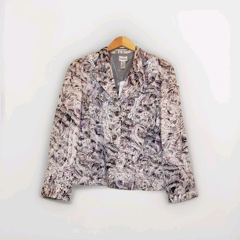 Chico's Parmenia Jacket Purple Pretty Print Silk Beaded Appliques Size 2 Large